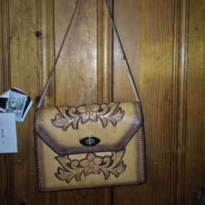 Handmade Tan Leather Floral Shoulder Bag